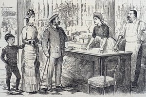Caricatura comentando sobre la comprensión inestable del sistema métrico por parte del inglés promedio de George du Maurier