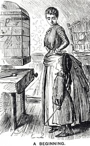 Dibujo comentando sobre la popularidad de los pájaros enjaulados en Gran Bretaña de George du Maurier