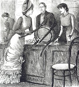 Caricatura comentando sobre las condiciones laborales de los asistentes de tienda de George du Maurier