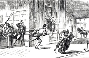 Caricatura que representa al Doctor Meilanion Jones, encontrándose superado en la carrera por pacientes por la doctora Atlanta Robinson de George du Maurier