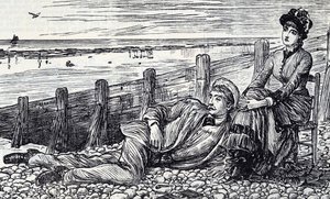 Caricatura que representa a una pareja disfrutando de su luna de miel en una playa de guijarros