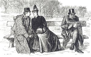 Caricatura que representa a una pareja intercambiando palabras cariñosas en un banco del parque, mientras el hombre junto a ellos los mira con desaprobación de George du Maurier
