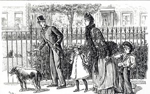 Caricatura que representa a una familia caminando por las calles del Londres victoriano de George du Maurier
