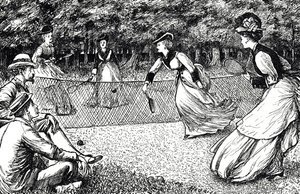 Dibujo que muestra un juego de tenis en césped de George du Maurier