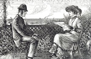 Caricatura que muestra a un esposo y una esposa - el esposo es responsable de las deudas de su esposa a menos que publique una revocación de sus responsabilidades