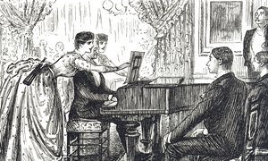 Dibujo que muestra una velada musical en casa de George du Maurier
