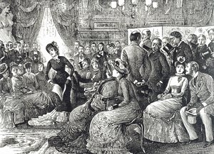 Caricatura que muestra un típico concierto en una sala de estar de George du Maurier
