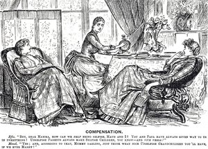 Caricatura de una mujer usando una máquina de coser manual de George du Maurier