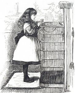Dibujo que muestra a una niña pequeña de pie frente a una gran pantalla de fuego de George du Maurier