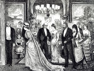 Caricatura que muestra una elegante velada en una casa victoriana