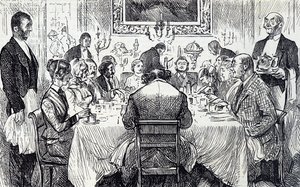 Dibujo que muestra una elegante velada en una casa victoriana de George du Maurier