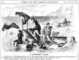 Caricatura de veraneantes disfrutando de unas vacaciones en la playa en Francia
