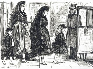 Caricatura que muestra a personas usando calzado natural para evitar pies deformes de George du Maurier
