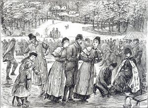 Caricatura que representa a patinadores patinando en un lago congelado