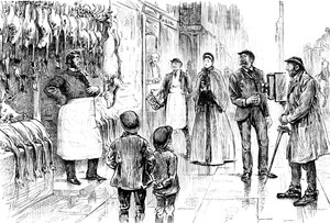 Grabado que representa a un carnicero y pollero siendo fotografiado frente a su exhibición navideña por George du Maurier. George du Maurier (1834-1896) un caricaturista y autor franco-británico. Fechado en el siglo XIX de George du Maurier