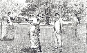 Grabado que muestra a una jugadora de tenis femenina incómoda por sus nuevos zapatos de goma de George du Maurier