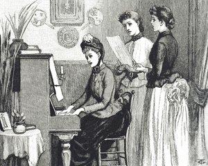 Grabado de jóvenes damas cantando en la sala de estar de George du Maurier