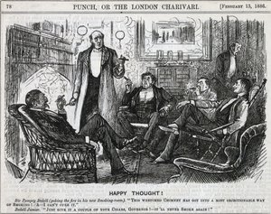 Caballeros reunidos en la sala de fumadores fumando sus cigarros después de la cena. Caricatura de George du Maurier para Punch, Londres 1886 de George du Maurier
