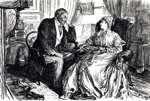 Caricatura de Georges du Maurier que ilustra a un hombre y una mujer conversando sobre los beneficios calmantes del aceite de hígado de bacalao. Inglaterra 1869 de George du Maurier