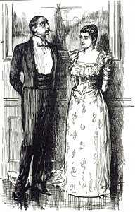 Caricatura de Georges du Maurier ilustrando a un hombre y una mujer conversando en un evento social, Inglaterra 1891 de George du Maurier