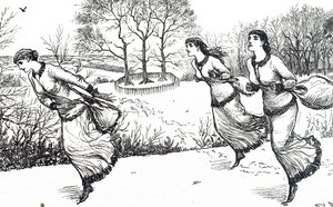 Ilustración que representa a niñas marcando el rastro para la liebre y los sabuesos de George du Maurier