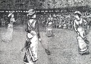 Damas jugando al tenis en el césped