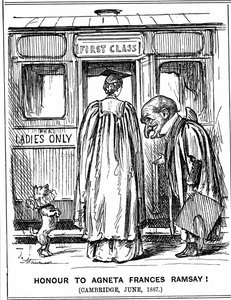 Mr Punch se inclina ante Agneta Frances Ramsay, quien se sentó y aprobó con honores de primera clase los exámenes, pero no pudo recibir un título ya que Cambridge no los otorgaba a mujeres en ese momento. Caricatura de George du Maurier de Punch, Londres, 