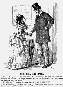 La raza venidera. El cirujano del futuro. Caricatura de George du Maurier para Punch, Londres, 14 de septiembre de 1872, mostrando la actitud condescendiente que las mujeres en la profesión médica podían esperar de sus colegas masculinos. Grabado