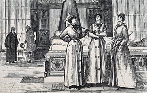 Tres mujeres con abrigos largos, en un museo de George du Maurier