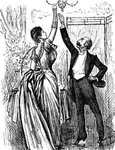 Parejas de clase alta inglesa tratando de alcanzar una lámpara de gas de George du Maurier