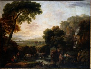 Paisaje italianizante con una vista caprichosa de Tívoli, un pastor y pastora y ganado de George the Elder Barret