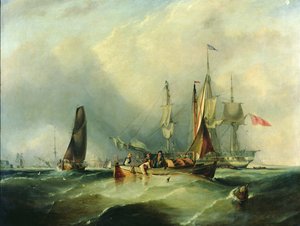 Un barco de guerra y barcos de pesca frente a Southsea de George the Elder Chambers