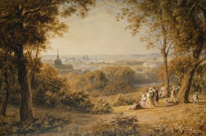 Una vista de Versalles con figuras elegantes en primer plano al atardecer de George the Younger Barret