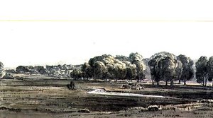 Paisaje con pradera y arroyo de George the Younger Barret