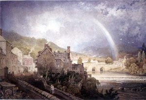 Pueblo y puente de Llangollen, Gales del Norte, con efecto de arco iris de George the Younger Barret