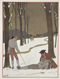 El duelo entre Valmont y Danceny, ilustración de "Les Liaisons Dangereuses" de Pierre Chodlerlos de Laclos (1741-1803) publicada en la década de 1920 (impresión en pochoir) de Georges (after) Barbier
