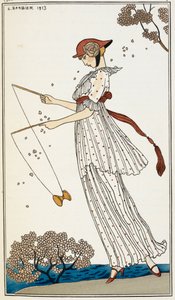 Una mujer con un vestido de lino blanco estampado, jugando con un juguete de Georges Barbier