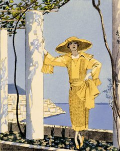 Amalfi, ilustración de una mujer con vestido amarillo de Worth de Georges Barbier
