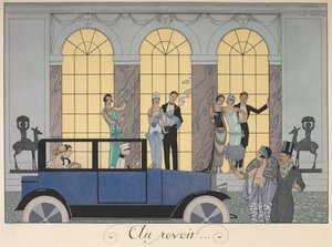 Au revoir. Gente saliendo en un coche. Personas en traje de noche.