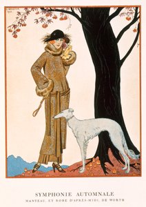 Sinfonía otoñal, abrigo de tarde y vestido de Worth, de la "Gazette de Bon Ton" nº 9 de Georges Barbier