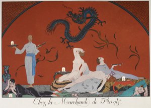 Chez la Marchande de Pasots. Personas, algunas desnudas, tumbadas en una habitación. Decoración china. de Georges Barbier