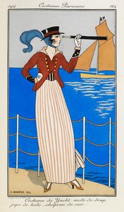 Costume de Yacht: veste de drap, jupe de toile, chapeau de cuir. Una mujer con un traje de yate: chaqueta de tela roja, falda de lino a rayas, sombrero de cuero y pañuelo azul. Está usando un telescopio, apuntando al barco del fondo. Trajes parisinos. de Georges Barbier