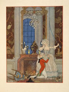 Danceny declarando su amor a Cecile, Ilustración de "Les Liaisons Dangereuses" de Pierre Choderlos de Laclos (1741-1803) pub. 1934 (impresión en pochoir) de Georges Barbier