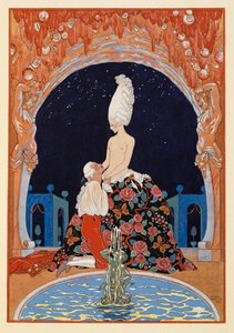 Dans la Grotte. Un hombre arrodillado ante una mujer semidesnuda, junto a una fuente. de Georges Barbier
