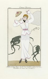 Diseño de vestido blanco con adornos rosas y cinturón de ganchillo, de Costumes Parisien, pub.1912 (impresión de pochoir) de Georges Barbier