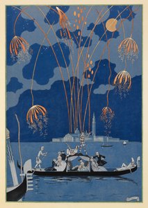 En bateau. Fuegos artificiales en Venecia. Gente en una góndola. de Georges Barbier