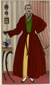 Hombre en bata. Ilustración de George Barbier (1882-1932), tomada del Journal des dames et des modes. París 1912-1914. The British Library Institution, Reference Shelfmark ID: P.P.5242.dc, pl.96, frente a la página 16. Hombre con vestimenta de Georges Barbier