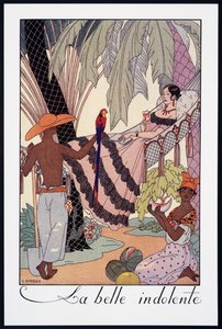 La Belle Indolente, litografía de George Barbier (1882-1932), de Falbalas et Fanfreluches, Almanach des Modes Presentes, Passees et Futures, Francia, siglo XX