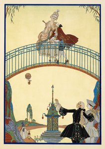 Ã€ La Promenade. Un hombre y una mujer en un puente. Pierrot, abajo.