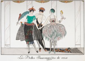 Les Belles Sauvagettes de 1920. Tres mujeres en fila con vestidos exóticos. de Georges Barbier